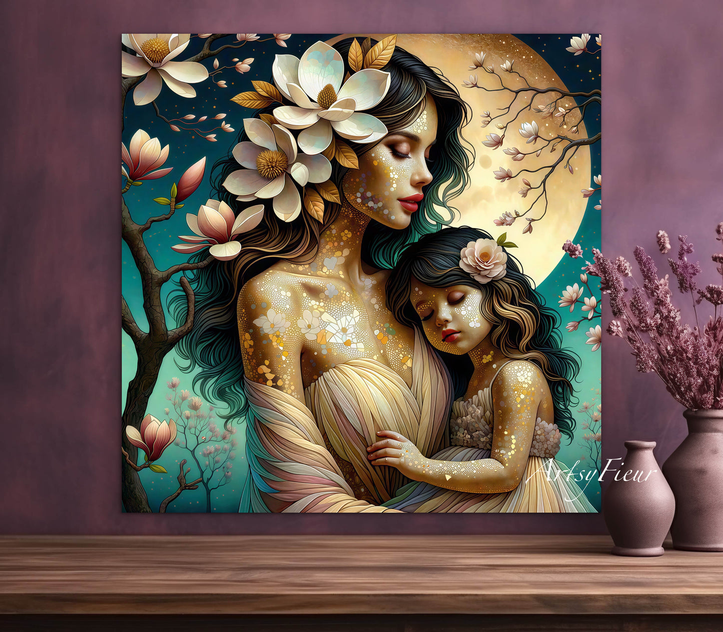 Framed canvas- ready to hang wall art print, abstract mother and daughter portrait Mosaic Magnolia Flowers