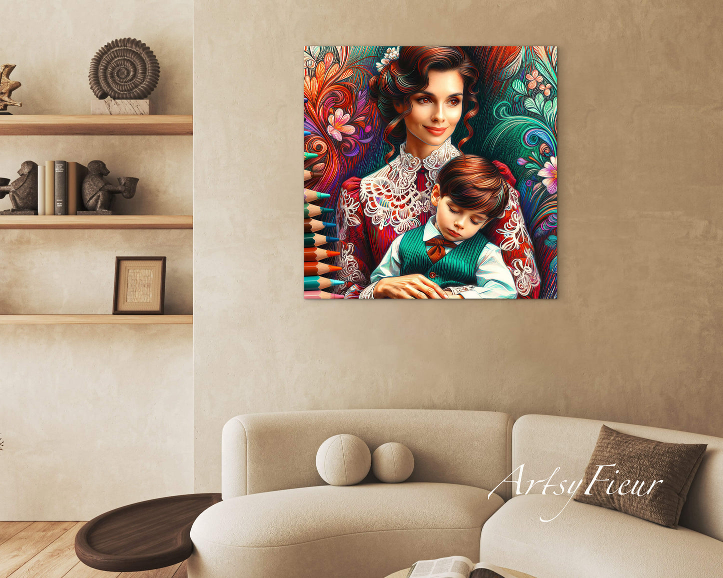 Framed canvas print Mother and son abstract coloured crayons portrait vibrant wall art