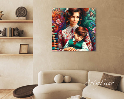 Framed canvas print Mother and son abstract coloured crayons portrait vibrant wall art