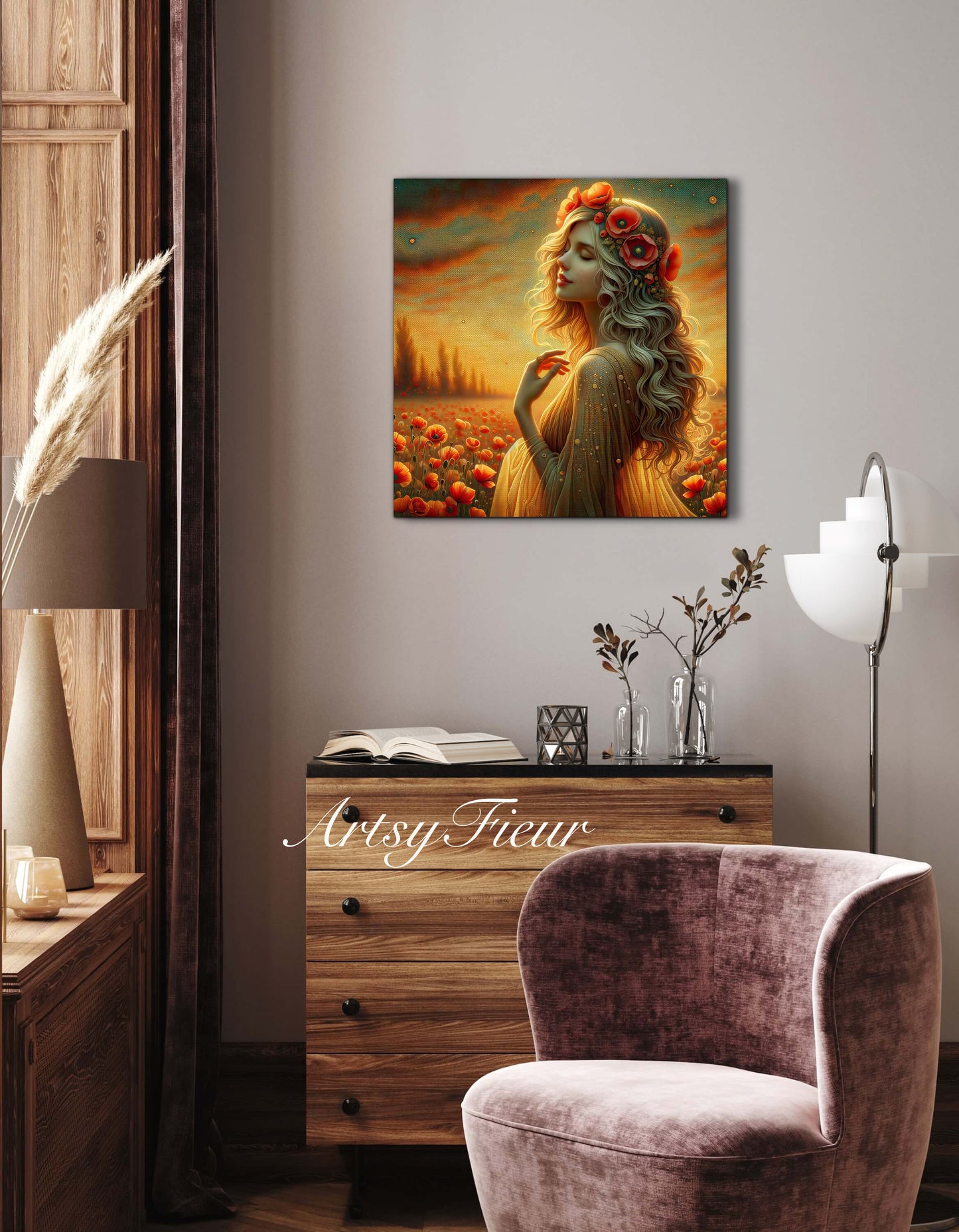 Framed canvas- Original Artwork Vibrant Poppies watercolour floral painting beautiful blondewoman ready to hang wall art print, abstract portrait colourful painting for living room
