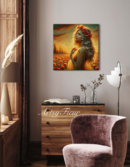 Framed canvas- Original Artwork Vibrant Poppies watercolour floral painting beautiful blondewoman ready to hang wall art print, abstract portrait colourful painting for living room