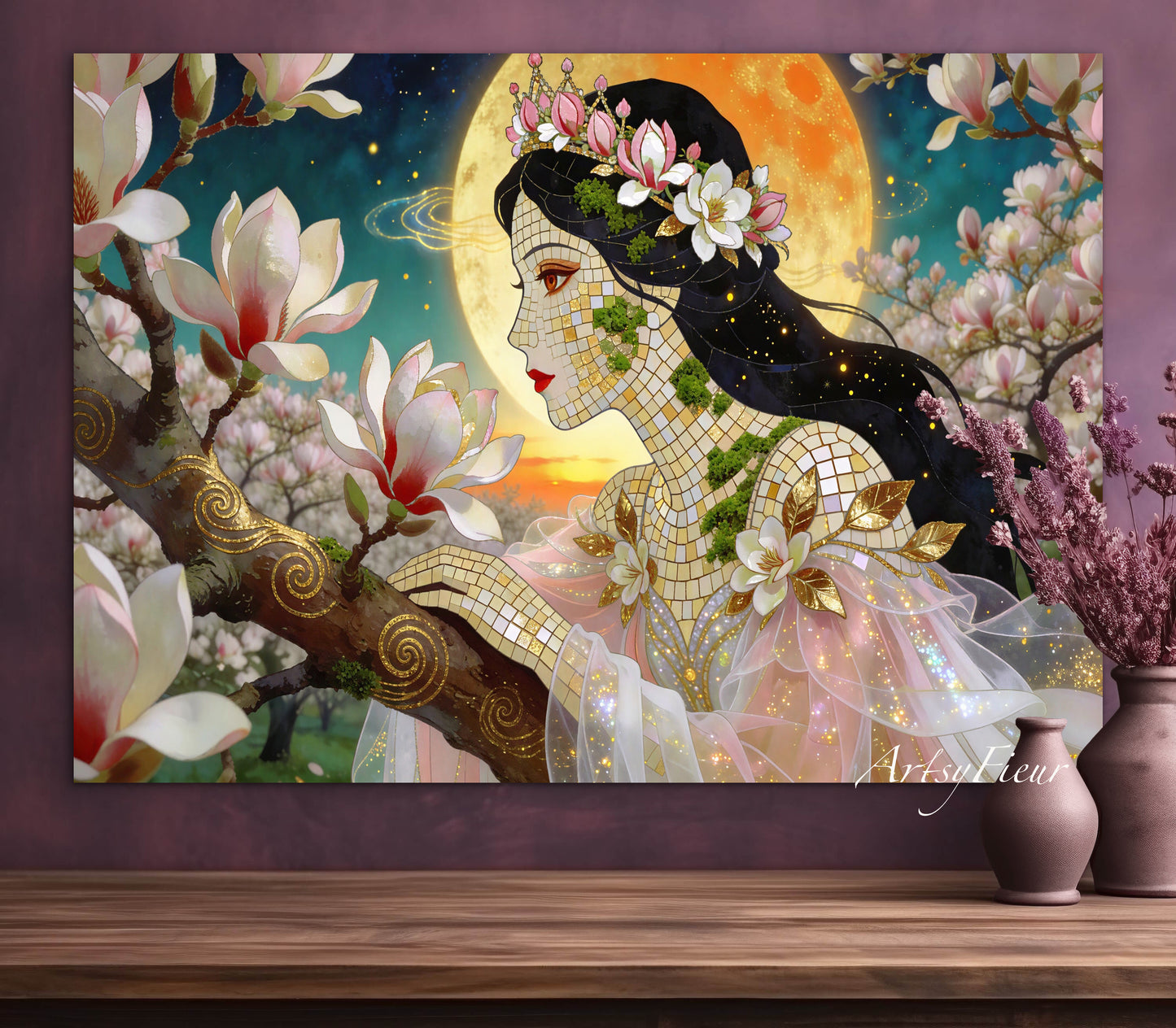 Framed Canvas- Vibrant Magnolia Flowers Beautiful Brunette Woman’s Abstract Portrait Mosaic Original Artwork Fantasy Wall Art Print Mother Nature