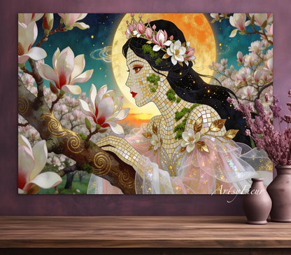 Framed Canvas- Vibrant Magnolia Flowers Beautiful Brunette Woman’s Abstract Portrait Mosaic Original Artwork Fantasy Wall Art Print Mother Nature
