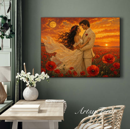 Framed canvas- whimsical full moon sunset bride and groom, wedding, poppy field, vibrant colours living room original artwork, fantasy oil painting wall art print
