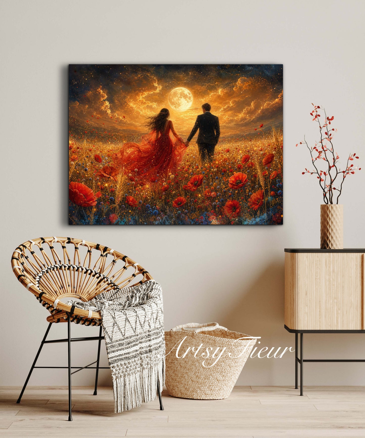 Framed canvas- whimsical full moon sunset -bride and groom, wedding gift, fantasy oil painting bedroom wall art print floral poppies field colourful vibrant colours