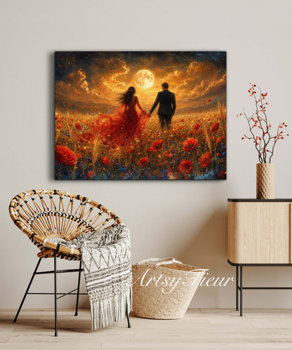 Framed canvas- whimsical full moon sunset -bride and groom, wedding gift, fantasy oil painting bedroom wall art print floral poppies field colourful vibrant colours