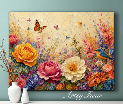 Framed Canvas Print- Vibrant Wildflowers and Petunias Oil Painting Textured Wall Art , Beautiful Original Artwork Ready to Hang Living Room, Floral