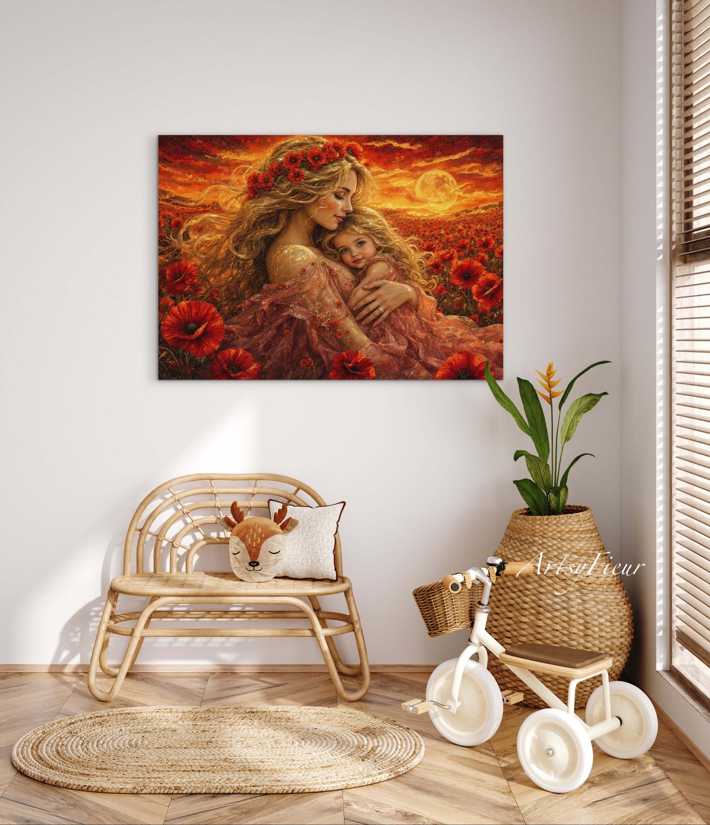 Framed Canvas- Vibrant Poppies Field Mother and Daughter Portrait Whimsical Full Moon Sunset Fantasy Oil Painting Wall Art Print