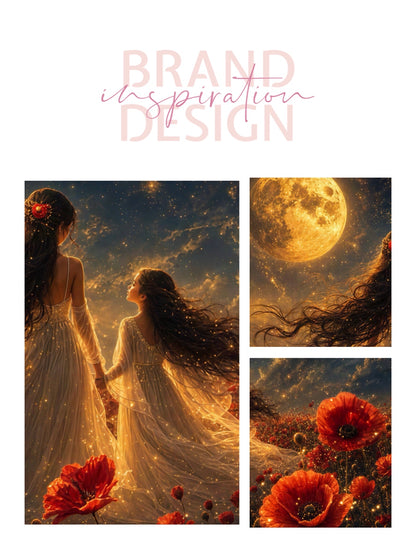 Framed Canvas- Vibrant Poppies Field Bride Mother and Daughter Portrait Whimsical Full Moon Sunset Fantasy Oil Painting Wall Art Print