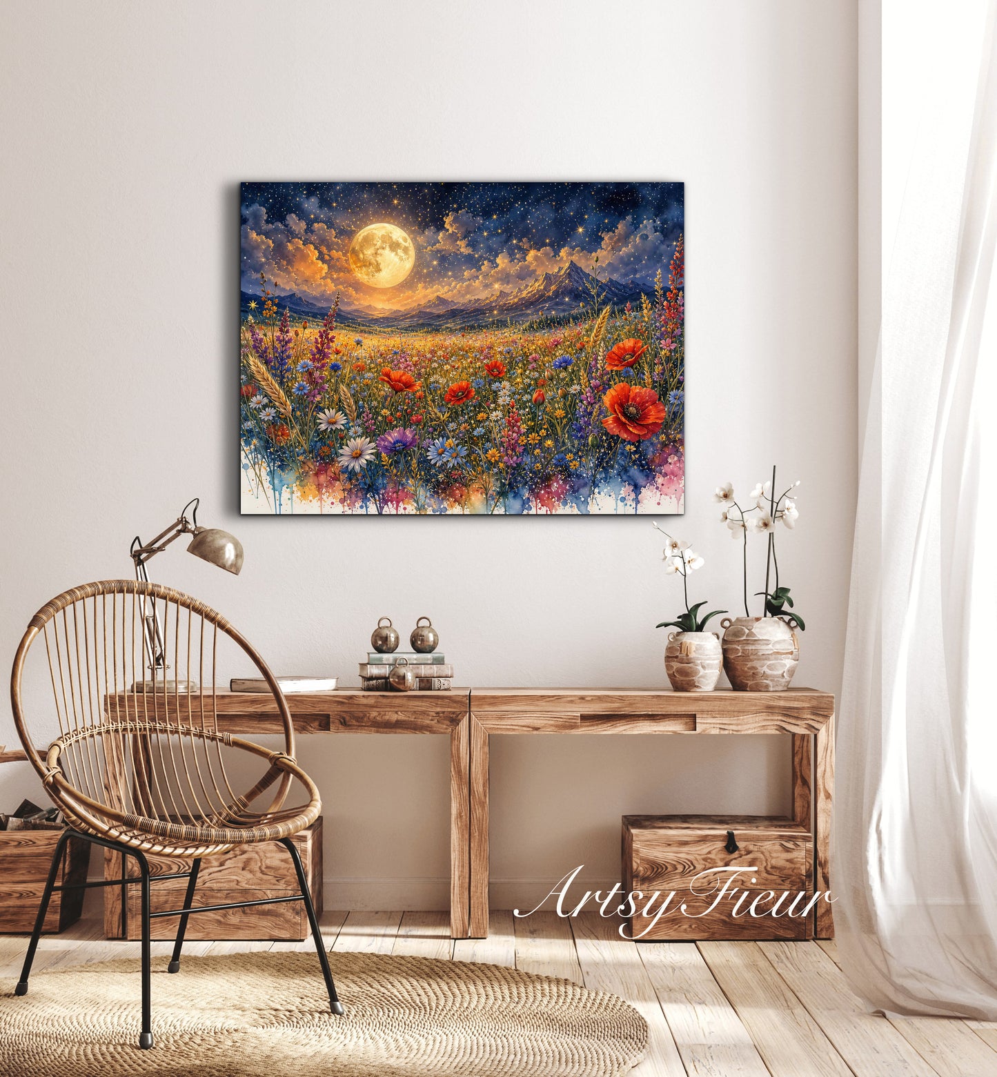 Framed Canvas Print- Vibrant Wildflowers and Poppies Oil Painting Textured Wall Art , Beautiful Original Artwork Ready to Hang Living Room, Floral