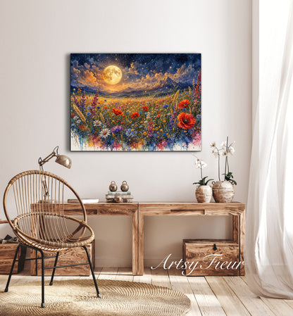 Framed Canvas Print- Vibrant Wildflowers and Poppies Oil Painting Textured Wall Art , Beautiful Original Artwork Ready to Hang Living Room, Floral