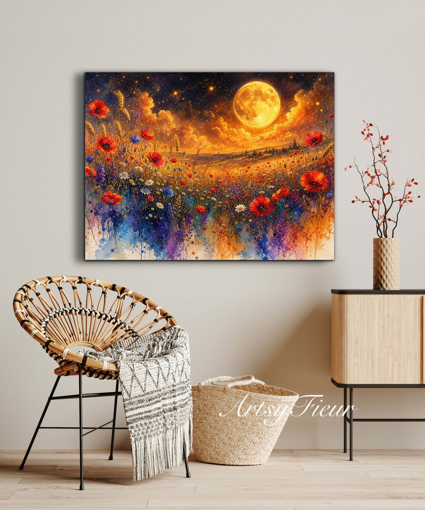 Framed Canvas Print- Vibrant Wildflowers and Poppies Oil Painting Textured Wall Art , Beautiful Original Artwork Ready to Hang Living Room, Floral