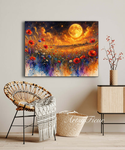 Framed Canvas Print- Vibrant Wildflowers and Poppies Oil Painting Textured Wall Art , Beautiful Original Artwork Ready to Hang Living Room, Floral