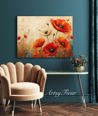 Framed Canvas- Beautiful Vibrant Poppies Abstract Oil Painting Floral Canvas Print Colourful Living Room Wall Art