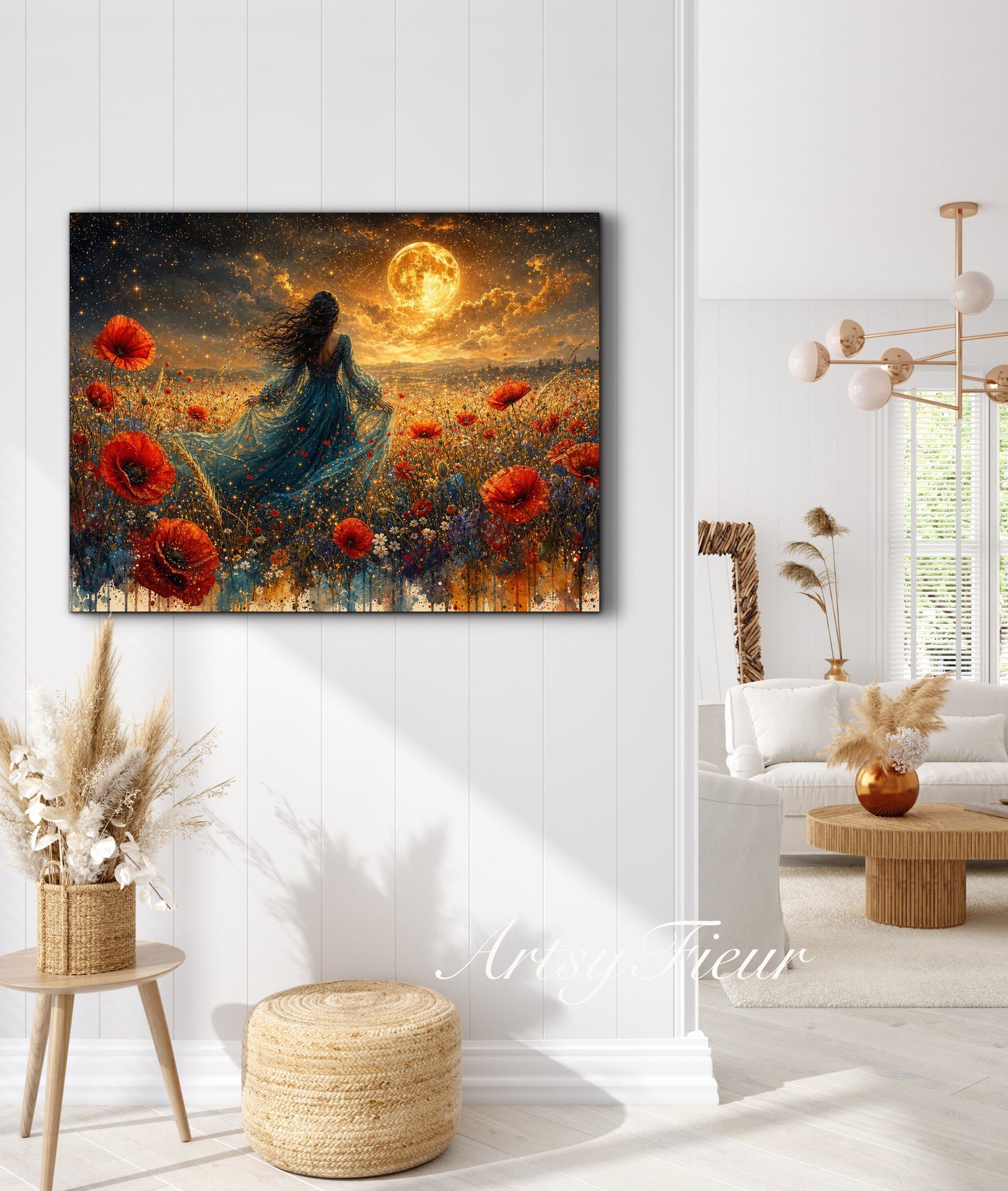 Framed Canvas - Vibrant poppies and wildflowers Whimsical Full Moon starry night sky Bride in Poppy Field, Wall Art Ready to hang original Artwork Print Blue Dress