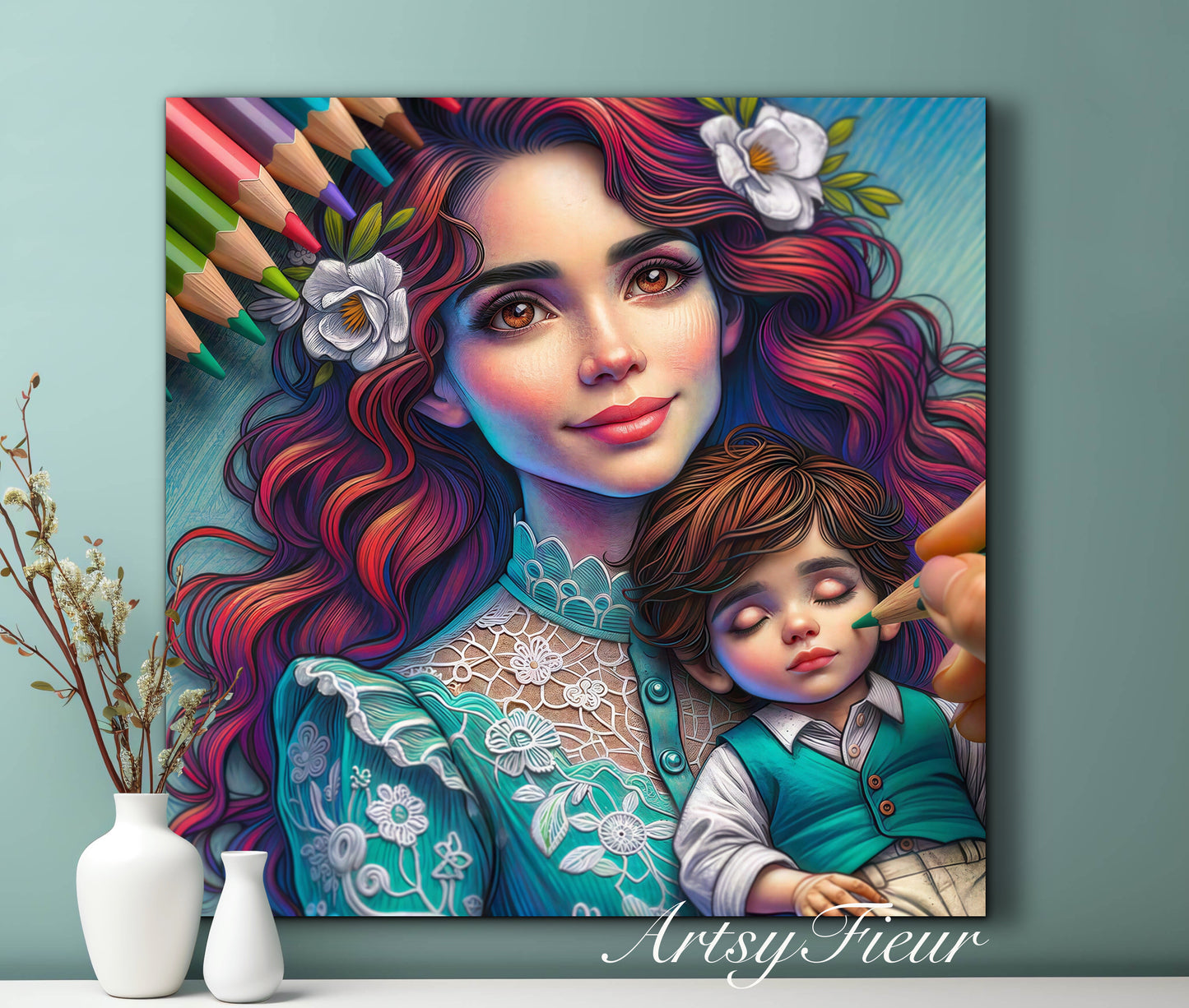 Framed canvas- ready to hang wall art print, colourful drawing abstract portrait mother and son vibrant colours, dark hair brunette beautiful woman , mum and baby boy, motherhood, mothers day gift, unique original artwork
