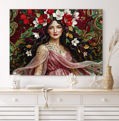 Framed Canvas- Vibrant Magnolia Flowers Beautiful Brunette Woman’s Abstract Portrait Mosaic Original Artwork Fantasy Wall Art Print Mother Nature