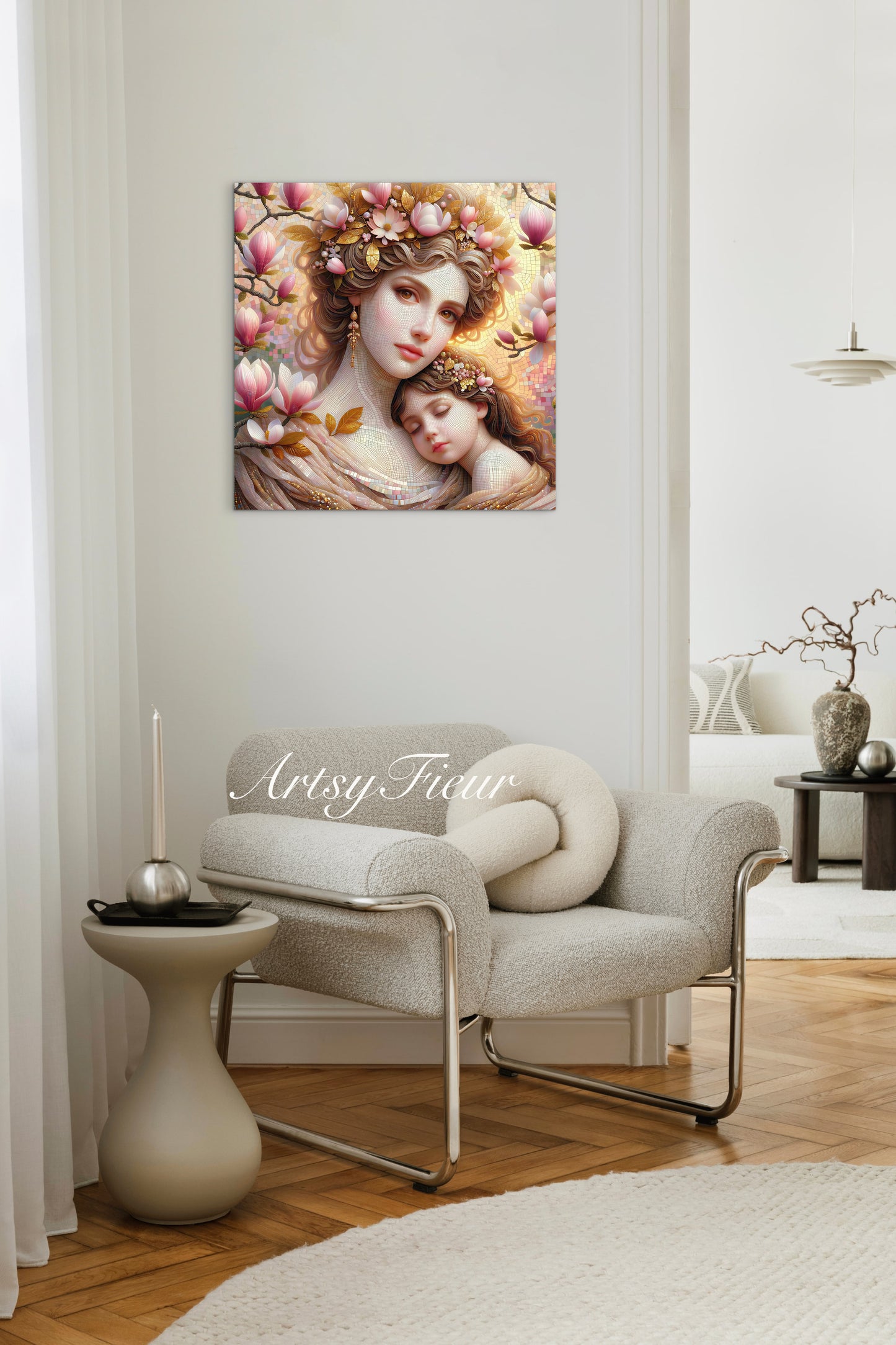 Framed canvas- ready to hang wall art print, abstract mother and daughter portrait Mosaic