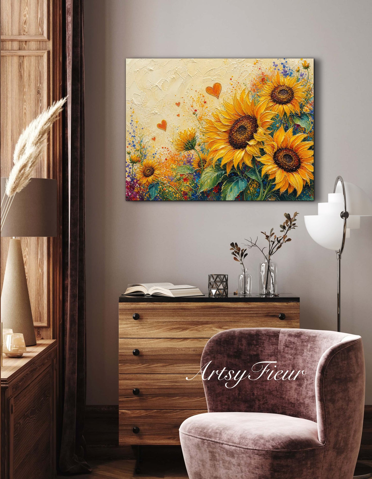 Framed Canvas Print- Vibrant Wildflowers and sunflowers Oil Painting Textured Wall Art , Beautiful Original Artwork Ready to Hang Living Room, Floral