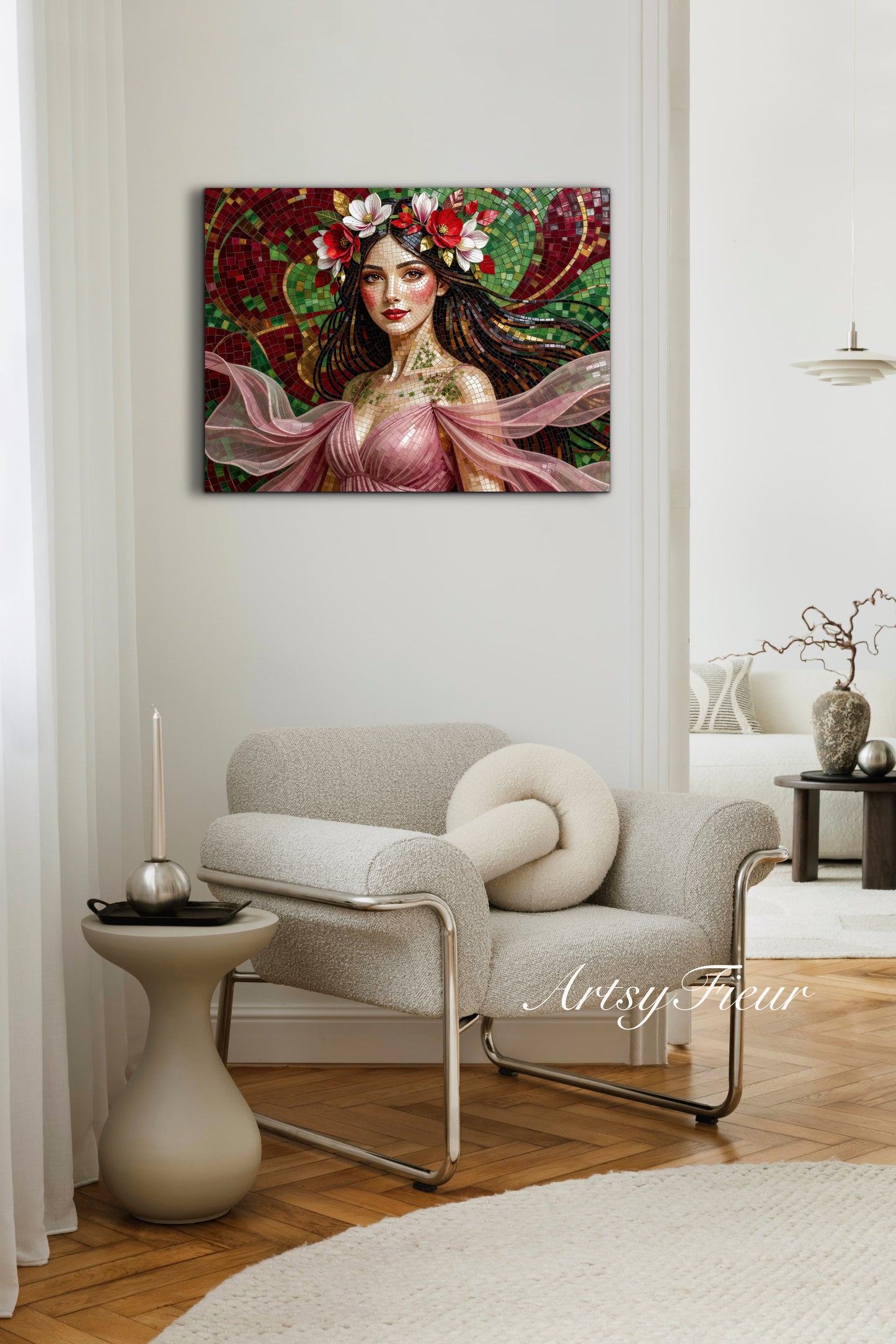 Framed Canvas- Vibrant Magnolia Flowers Beautiful Brunette Woman’s Abstract Portrait Mosaic Original Artwork Fantasy Wall Art Print