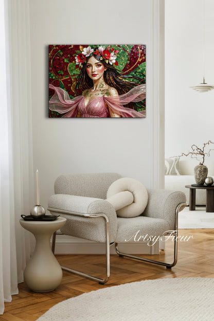 Framed Canvas- Vibrant Magnolia Flowers Beautiful Brunette Woman’s Abstract Portrait Mosaic Original Artwork Fantasy Wall Art Print