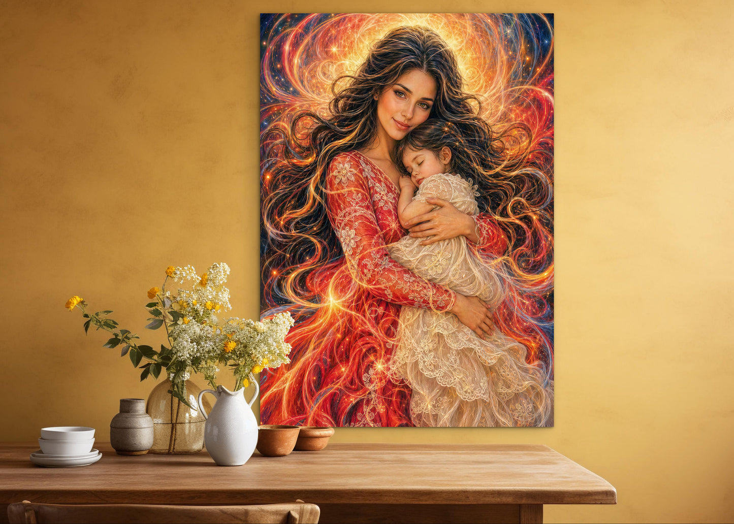 Abstract Portrait Mother and Daughter, Framed Canvas Ready to Hang, brunette dark hair baby girl