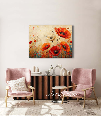 Framed Canvas- Beautiful Vibrant Poppies Abstract Oil Painting Floral Canvas Print Colourful Living Room Wall Art