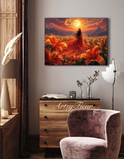 Framed Canvas - Vibrant Lilies Whimsical Full Moon Bride in Poppy Field, Wall Art Ready to hang Oil Painting Original Artwork Print Red Wedding Dress