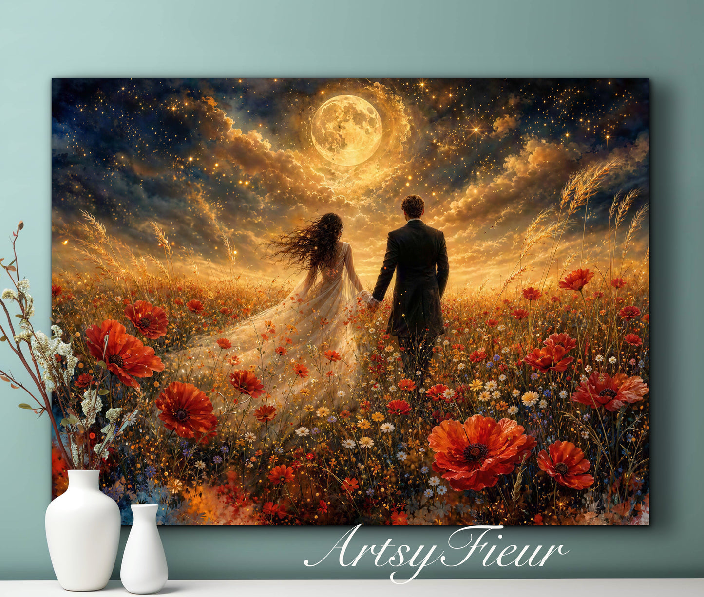 Framed canvas- whimsical full moon sunset -bride and groom, wedding gift, fantasy oil painting bedroom wall art print floral poppies field colourful vibrant colours