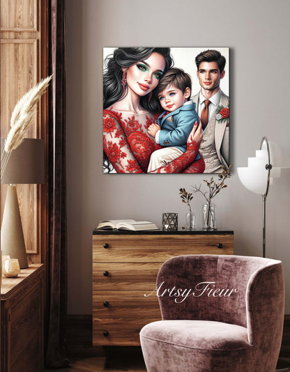 Framed canvas- ready to hang wall art print, colourful drawing abstract family portrait mother and son colourful drawing