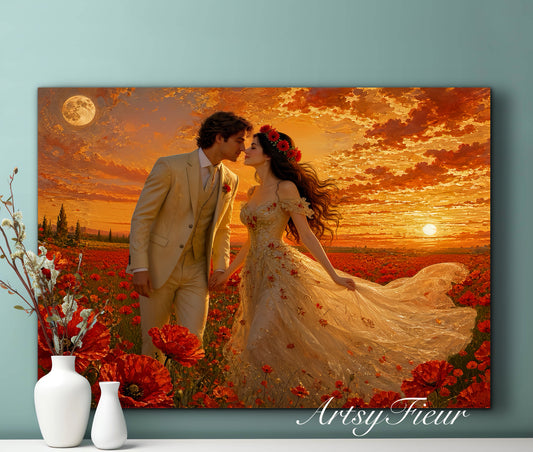 Framed canvas- whimsical full moon sunset bride and groom, wedding, poppy field, vibrant colours living room original artwork, fantasy oil painting wall art print