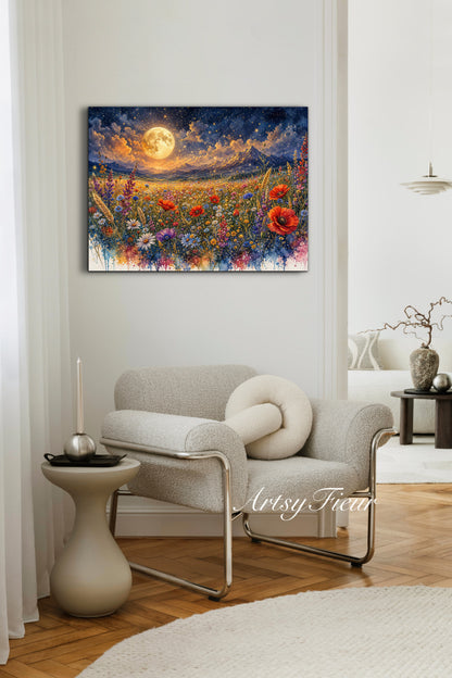 Framed Canvas Print- Vibrant Wildflowers and Poppies Oil Painting Textured Wall Art , Beautiful Original Artwork Ready to Hang Living Room, Floral