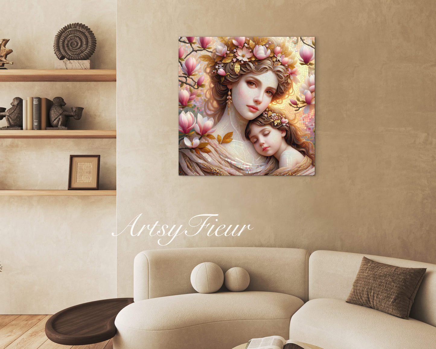 Framed canvas- ready to hang wall art print, abstract mother and daughter portrait Mosaic