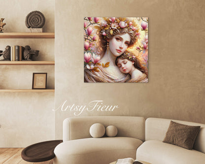 Framed canvas- ready to hang wall art print, abstract mother and daughter portrait Mosaic