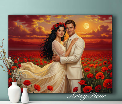 Framed canvas- whimsical full moon sunset bride and groom, wedding, poppy field, vibrant colours living room original artwork, fantasy oil painting wall art print
