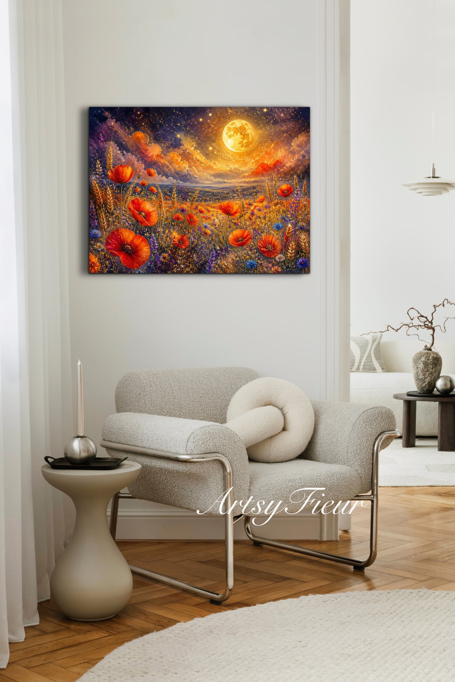 Framed Canvas Print- Vibrant Wildflowers and Poppies Oil Painting Textured Wall Art , Beautiful Original Artwork Ready to Hang Living Room, Floral