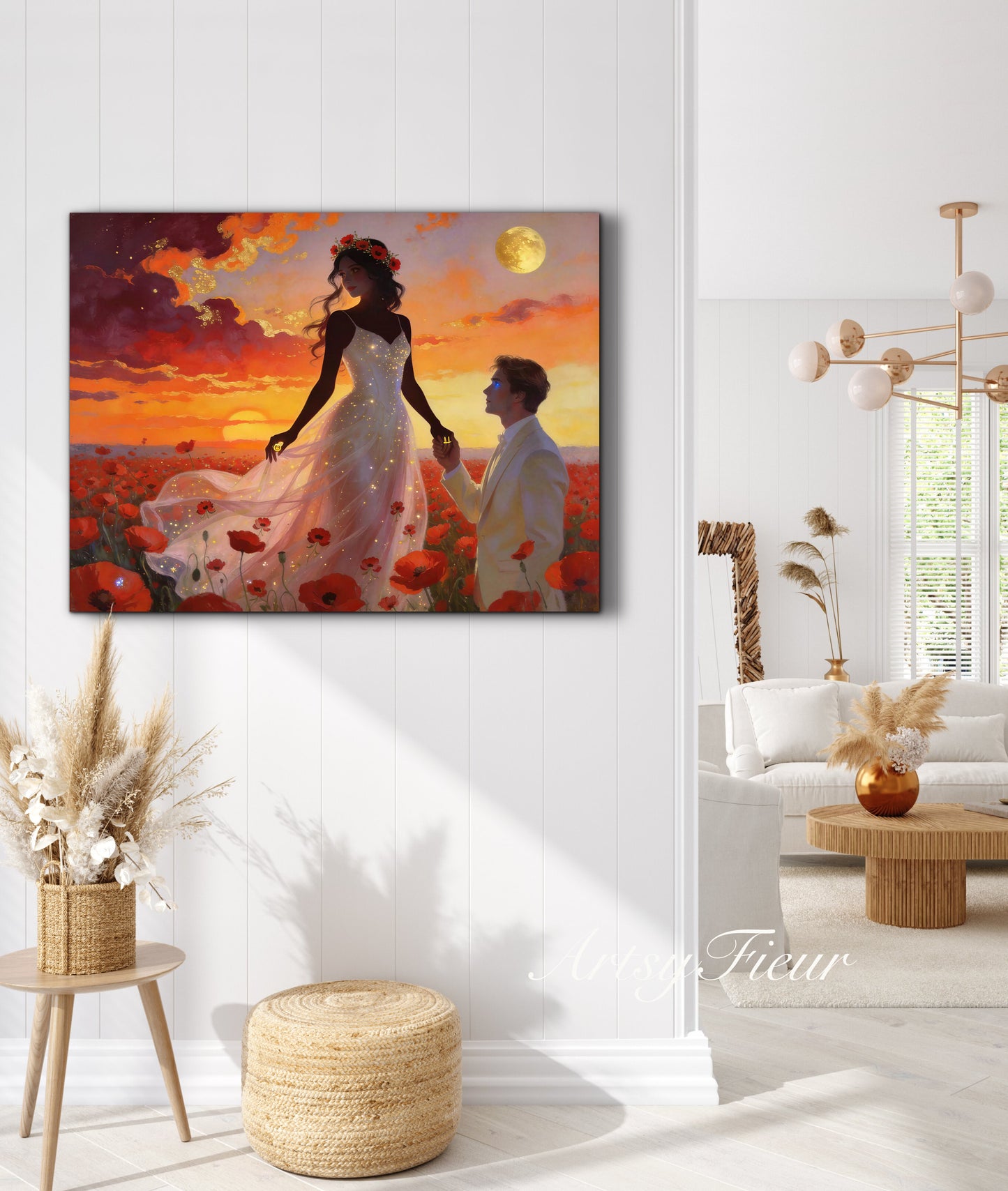 Framed canvas- whimsical full moon sunset bride and groom, wedding, poppy field, vibrant colours living room original artwork, fantasy watercolour paintingwall art print