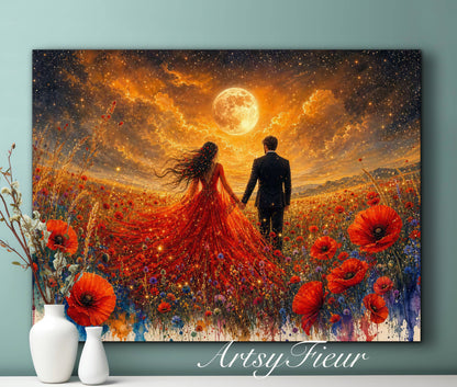 Framed canvas- whimsical full moon sunset -bride and groom, wedding gift, fantasy oil painting bedroom wall art print floral poppies field colourful vibrant colours