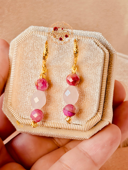 Rose Quartz Earrings Pink Tigers Eye Natural Gemstone Dangle Drop Long Earrings Hypoallergenic