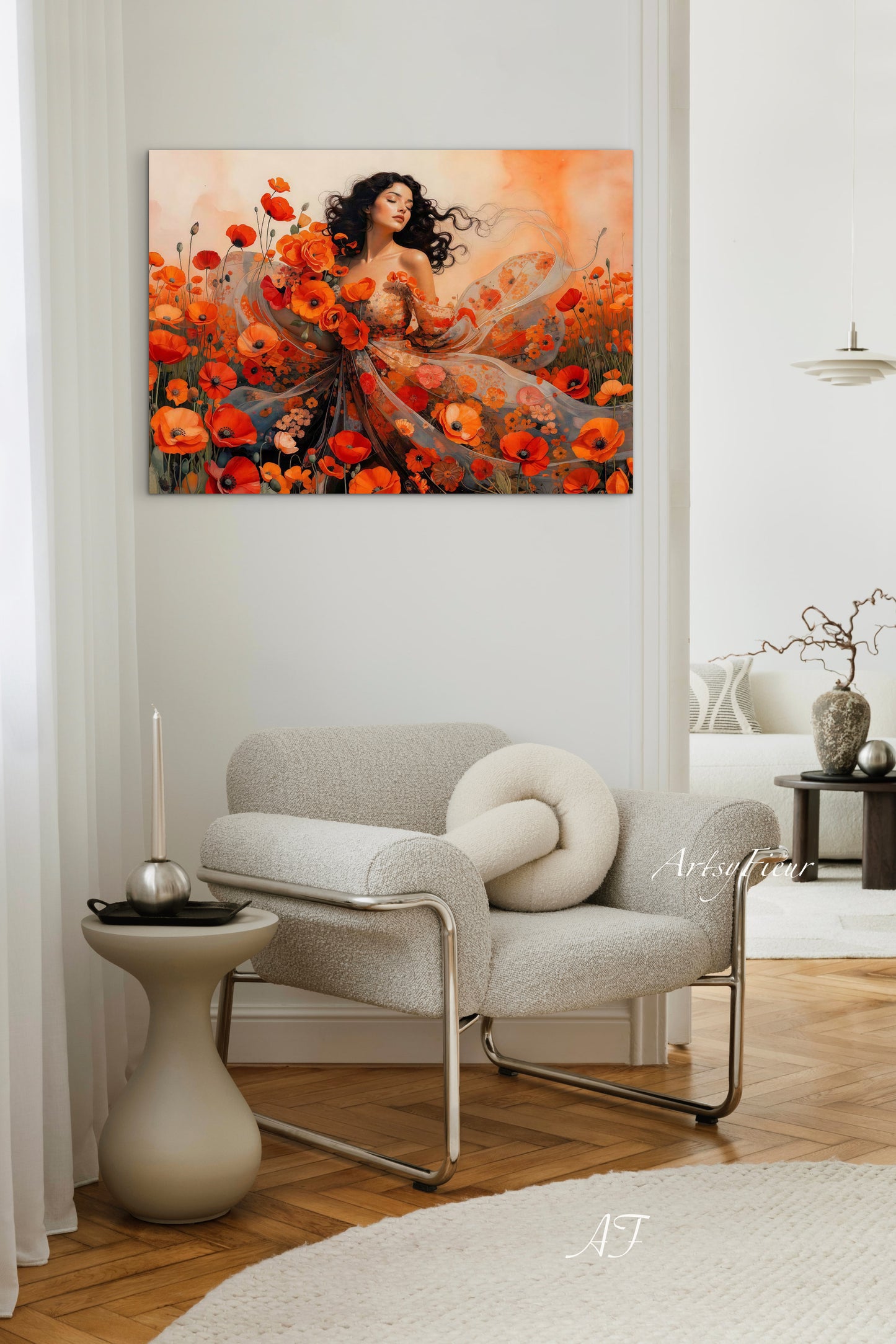 Framed Canvas - Vibrant Poppies Whimsical Full Moon Beautiful Brunette Woman in the Poppy Field, Wall Art Ready to hang Oil Painting Original Artwork Print