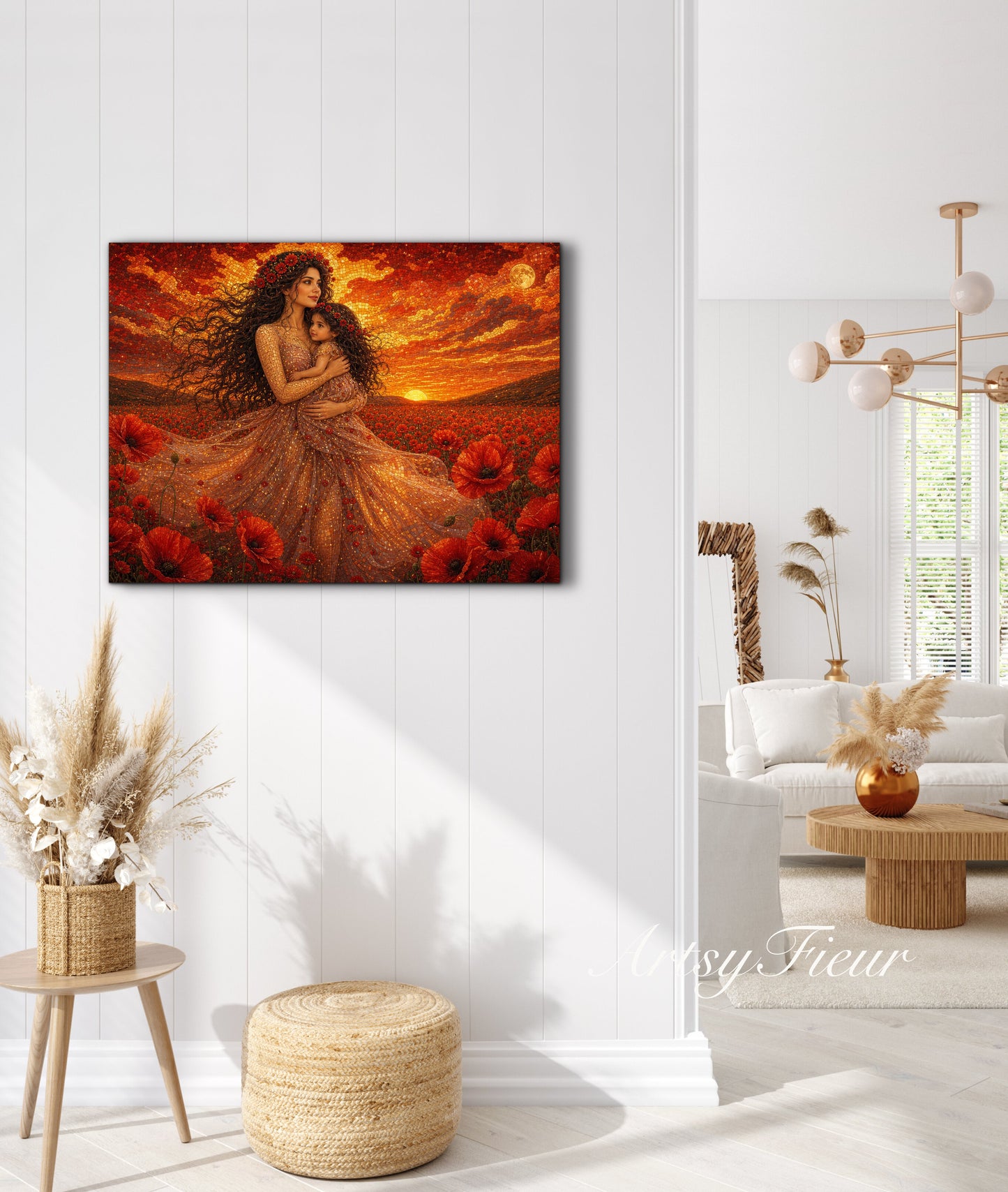 Framed Canvas- Vibrant Poppies Field Mother and Daughter Portrait Whimsical Full Moon Sunset Fantasy Oil Painting Wall Art Print