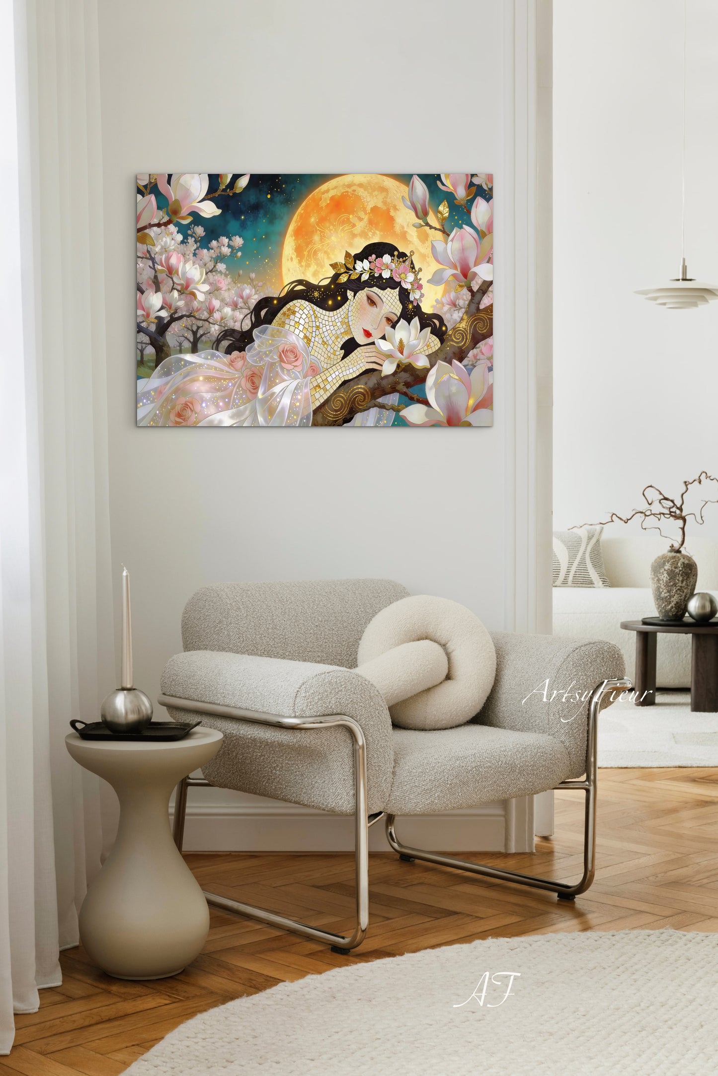 Framed Canvas- Vibrant Magnolia Flowers Beautiful Brunette Woman’s Abstract Portrait Mosaic Original Artwork Fantasy Wall Art Print