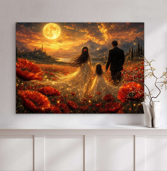 Framed Canvas Vibrant Poppies- Whimsical full moon fantasy oil painting Wedding celebration mother and daughter beautiful family portrait Original wall art print