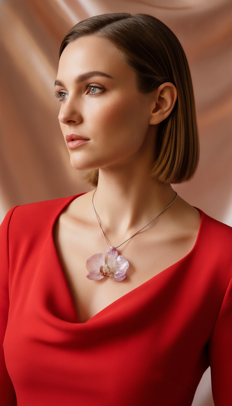 *REAL FLOWER Orchid Necklace Preserved Flower Pendant in Resin 3D White Purple Striped Orchid Pearl Smooth Snake Chain