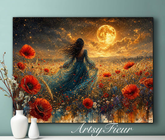 Framed Canvas - Vibrant poppies and wildflowers Whimsical Full Moon starry night sky Bride in Poppy Field, Wall Art Ready to hang original Artwork Print Blue Dress