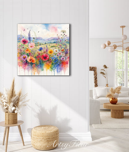 Framed Canvas- Original Artwork Vibrant Colours Wildflowers Watercolour Painting Abstract Colourful Landscape Living Room Wall Art Print