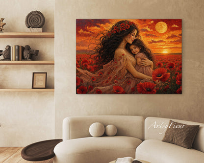 Framed Canvas- Vibrant Poppies Field Mother and Daughter Portrait Whimsical Full Moon Sunset Fantasy Oil Painting Wall Art Print