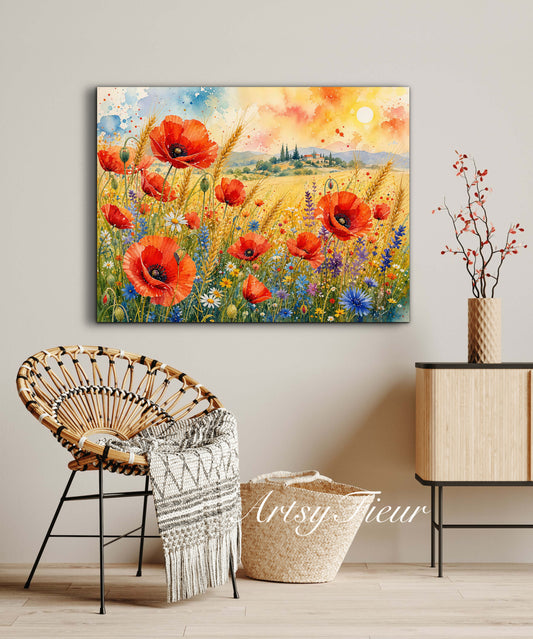 Framed Canvas Print- Vibrant Wildflowers and Poppies Oil Painting Textured Wall Art , Beautiful Original Artwork Ready to Hang Living Room, Floral
