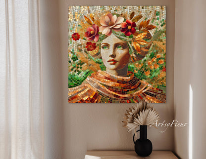 Framed canvas- Original Artwork Vibrant Magnolia Flowers Mosaic Portrait Beautiful Brunette Woman Wall Art Print