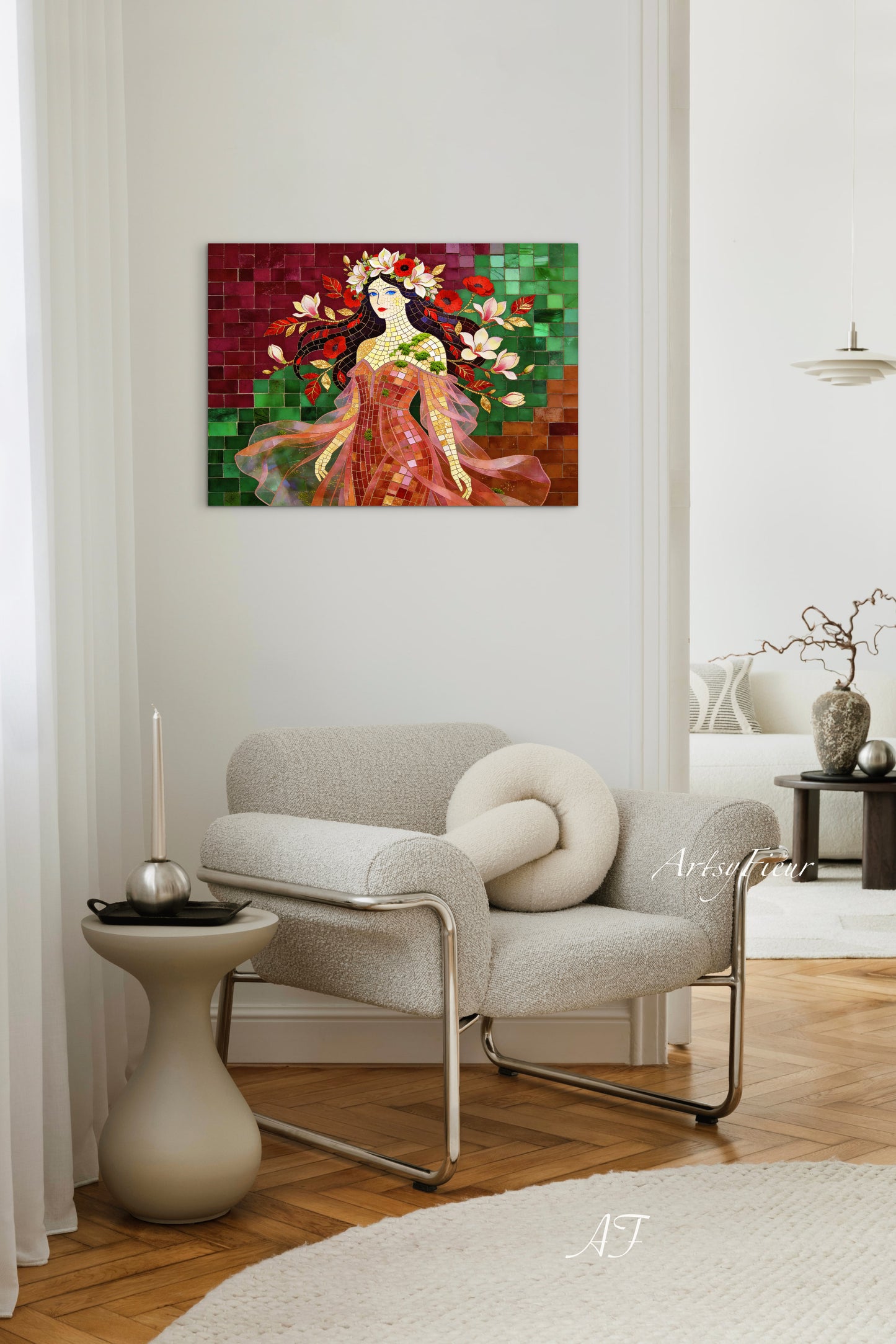 Framed Canvas- Vibrant Magnolia Flowers Beautiful Brunette Woman’s Abstract Portrait Mosaic Original Artwork Fantasy Wall Art Print Mother Nature